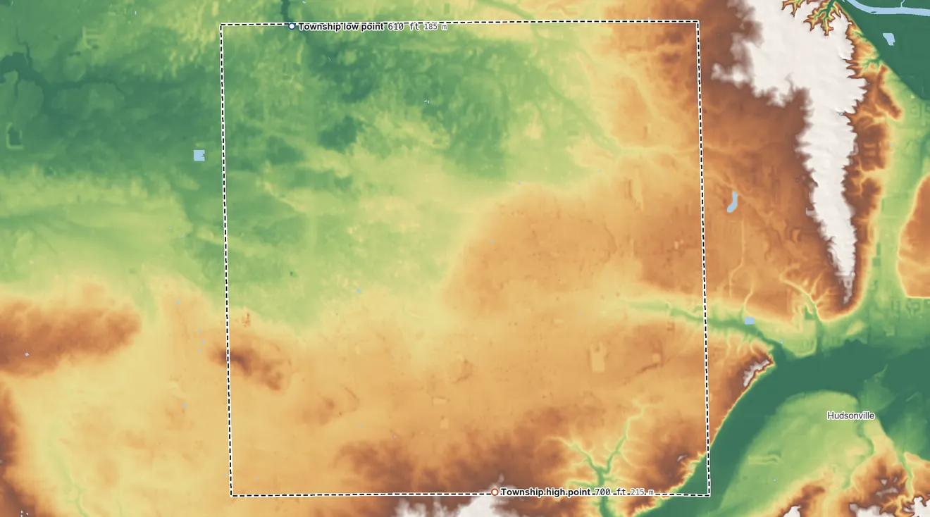 Topographic elevation map of Blendon Township, Michigan, shaded from 610 ft on the northwest side to 700 ft on the south side