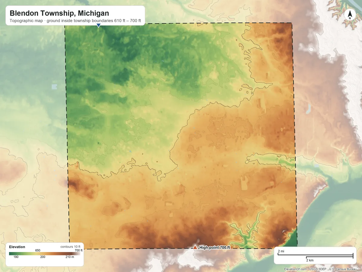 Topographic elevation map of Blendon Township, Michigan, shaded from 610 ft on the northwest side to 700 ft on the south side