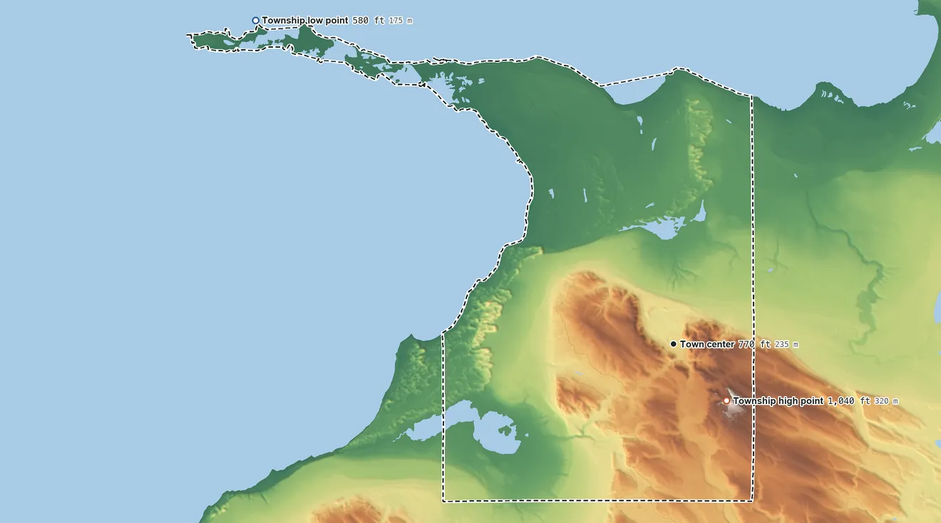 Topographic elevation map of Bliss Township, Michigan, shaded from 580 ft on the northwest side to 1,040 ft on the southeast side