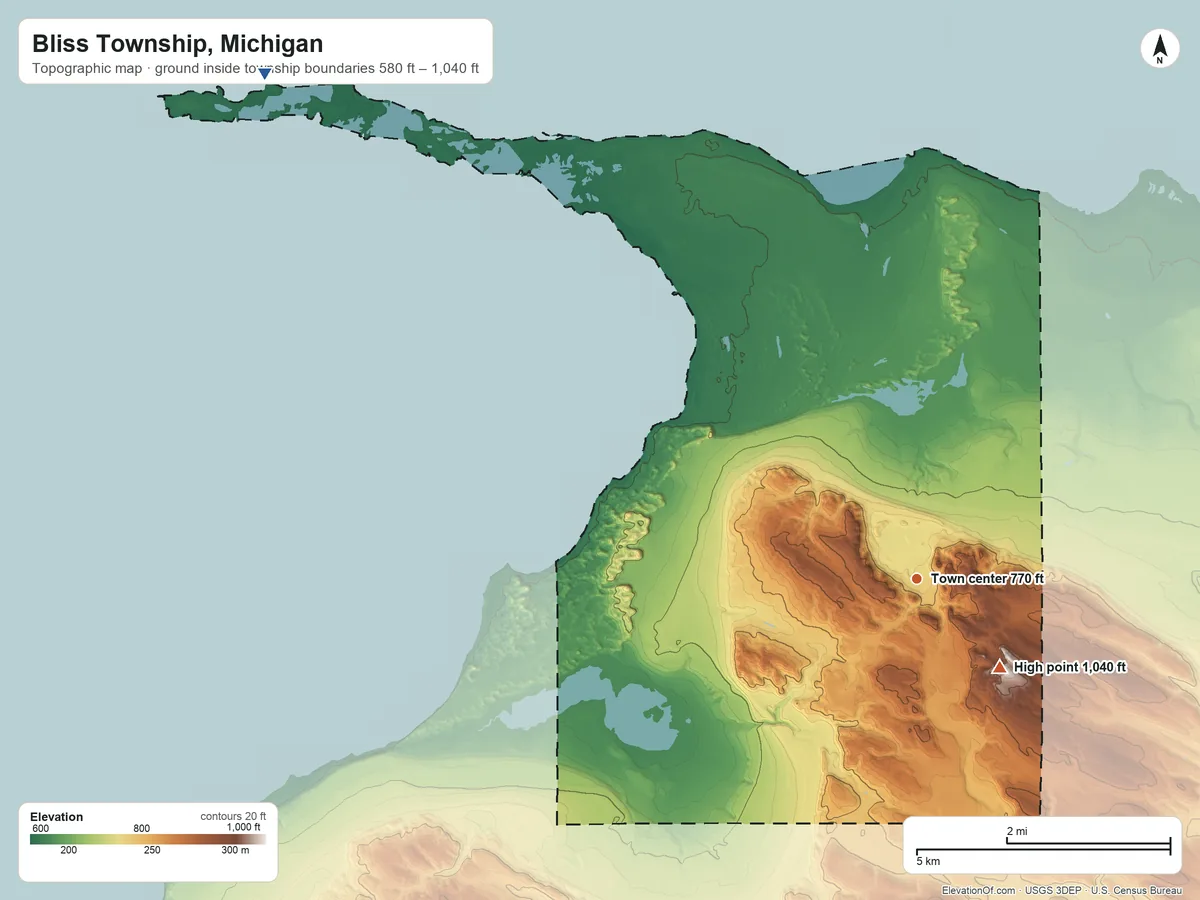 Topographic elevation map of Bliss Township, Michigan, shaded from 580 ft on the northwest side to 1,040 ft on the southeast side