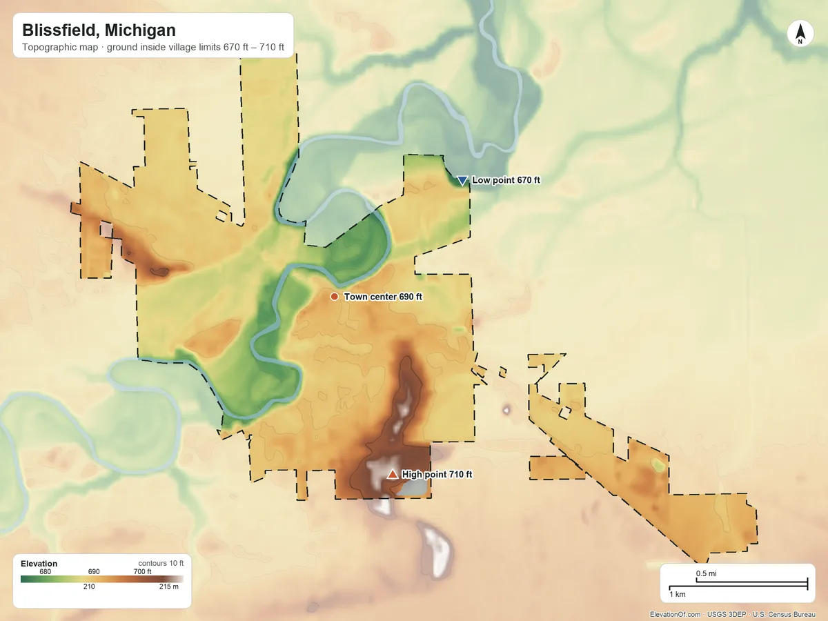 Topographic elevation map of Blissfield, Michigan, shaded from 670 ft on the northeast side to 710 ft on the south side