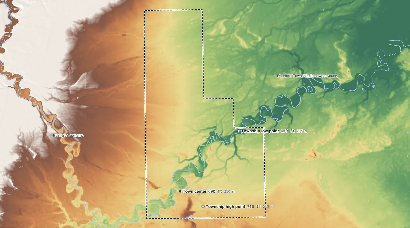Topographic elevation map of Blissfield Township, Michigan, shaded from 670 ft on the northeast side to 710 ft on the southeast side