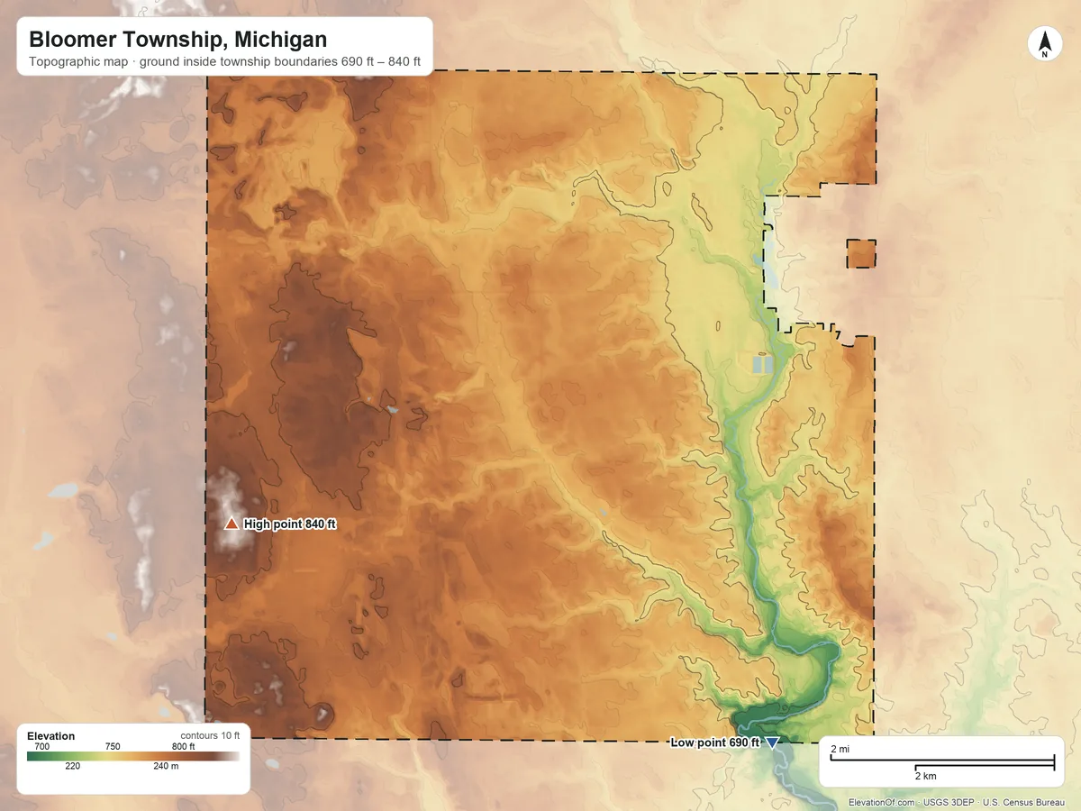 Topographic elevation map of Bloomer Township, Michigan, shaded from 690 ft on the south side to 840 ft on the west side