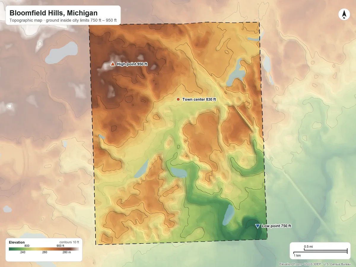 Topographic elevation map of Bloomfield Hills, Michigan, shaded from 750 ft on the southeast side to 950 ft on the northwest side