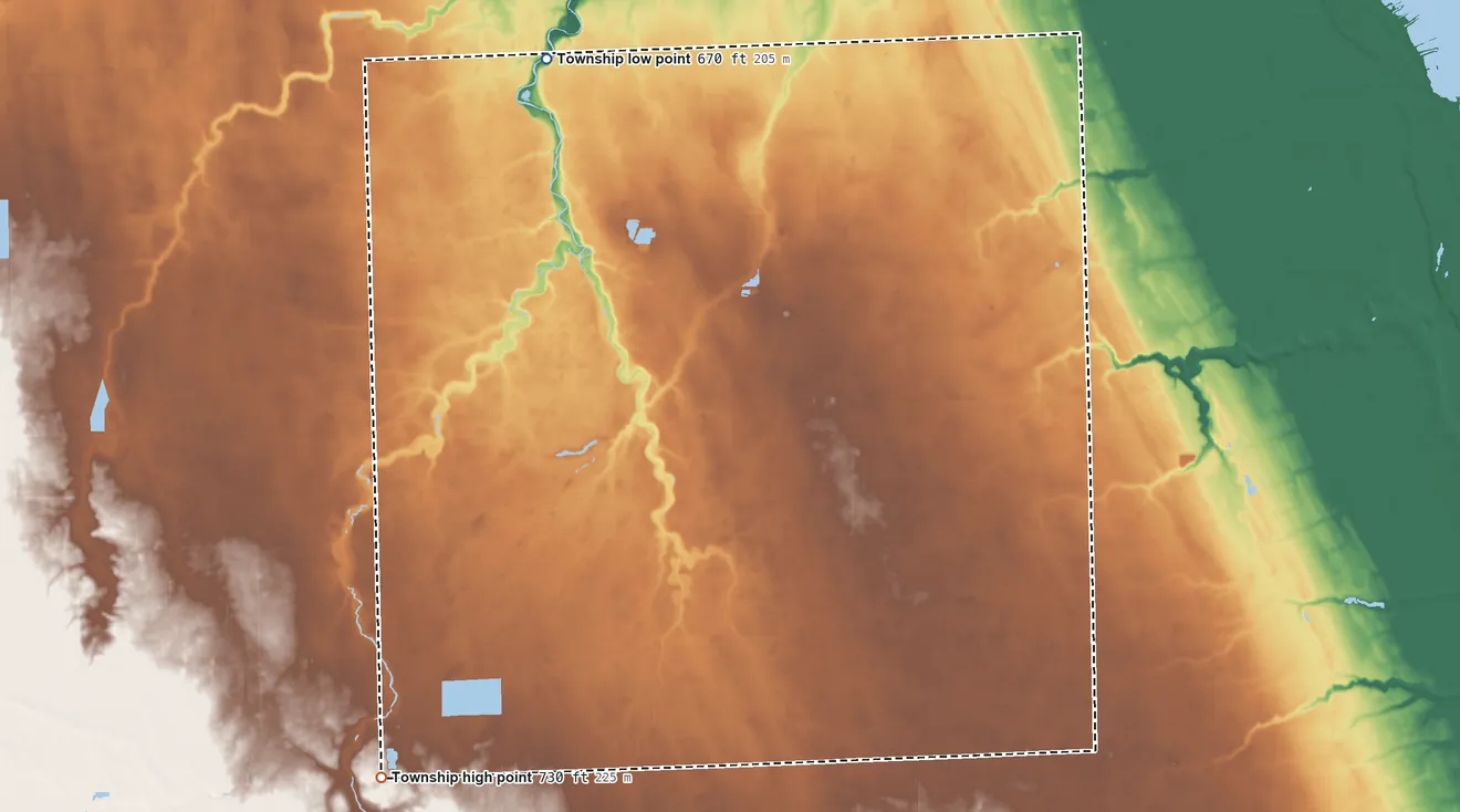 Topographic elevation map of Bloomfield Township, Huron County, Michigan, shaded from 670 ft on the northwest side to 730 ft on the southwest side