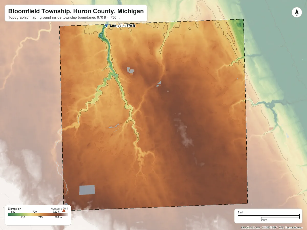 Topographic elevation map of Bloomfield Township, Huron County, Michigan, shaded from 670 ft on the northwest side to 730 ft on the southwest side