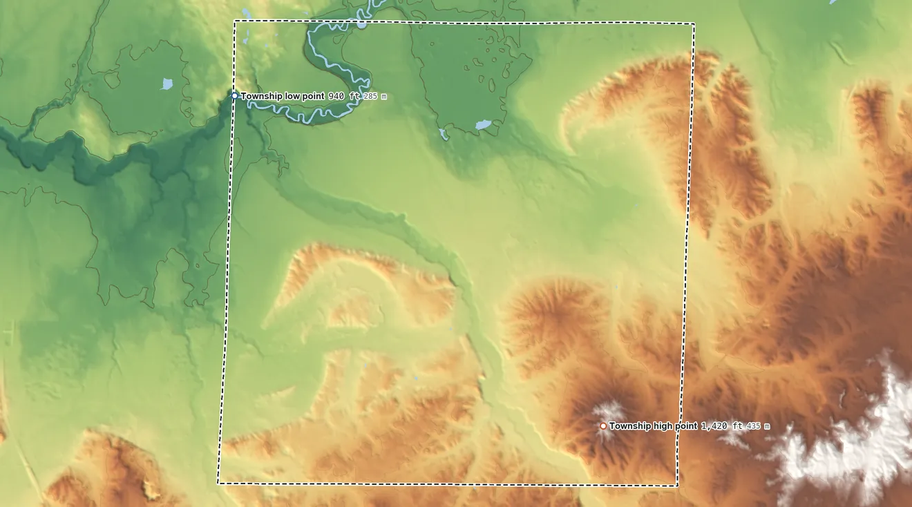 Topographic elevation map of Bloomfield Township, Missaukee County, Michigan, shaded from 940 ft on the northwest side to 1,420 ft on the southeast side