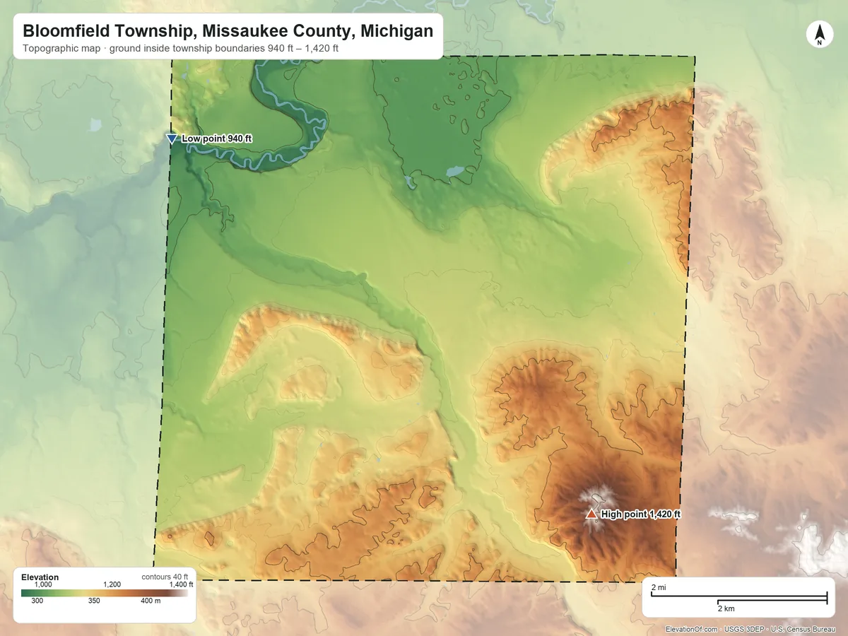 Topographic elevation map of Bloomfield Township, Missaukee County, Michigan, shaded from 940 ft on the northwest side to 1,420 ft on the southeast side