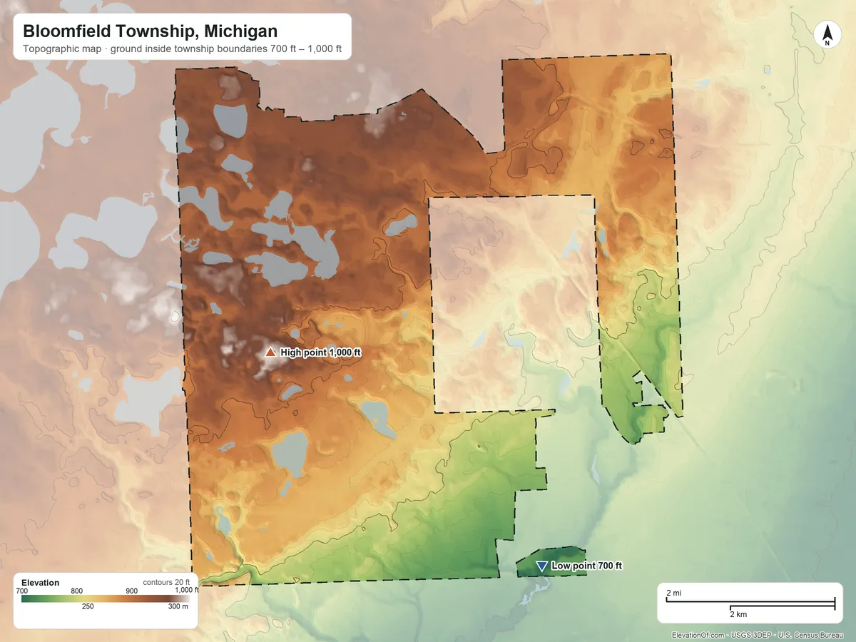 Topographic elevation map of Bloomfield Township, Michigan, shaded from 700 ft on the southeast side to 1,000 ft on the west side