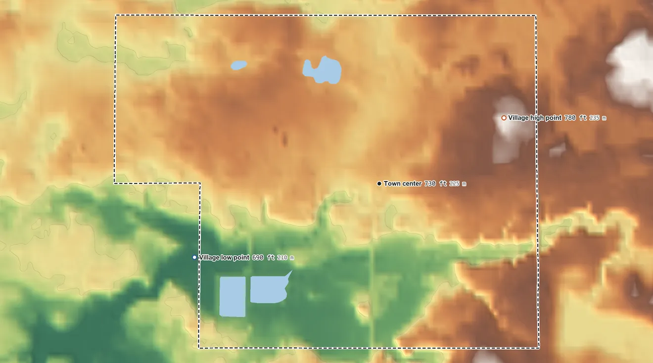 Topographic elevation map of Bloomingdale, Michigan, shaded from 690 ft on the west side to 780 ft on the northeast side