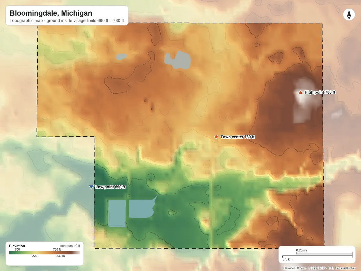 Topographic elevation map of Bloomingdale, Michigan, shaded from 690 ft on the west side to 780 ft on the northeast side