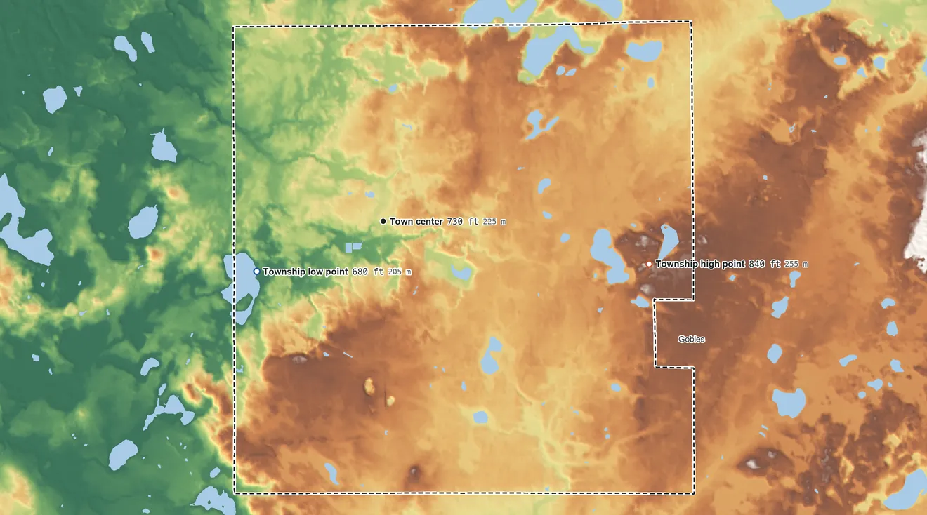 Topographic elevation map of Bloomingdale Township, Michigan, shaded from 680 ft on the west side to 840 ft on the east side