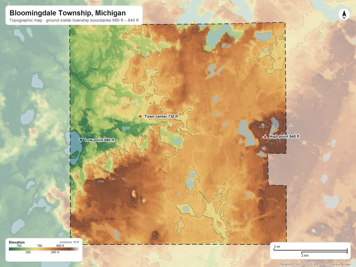 Topographic elevation map of Bloomingdale Township, Michigan, shaded from 680 ft on the west side to 840 ft on the east side