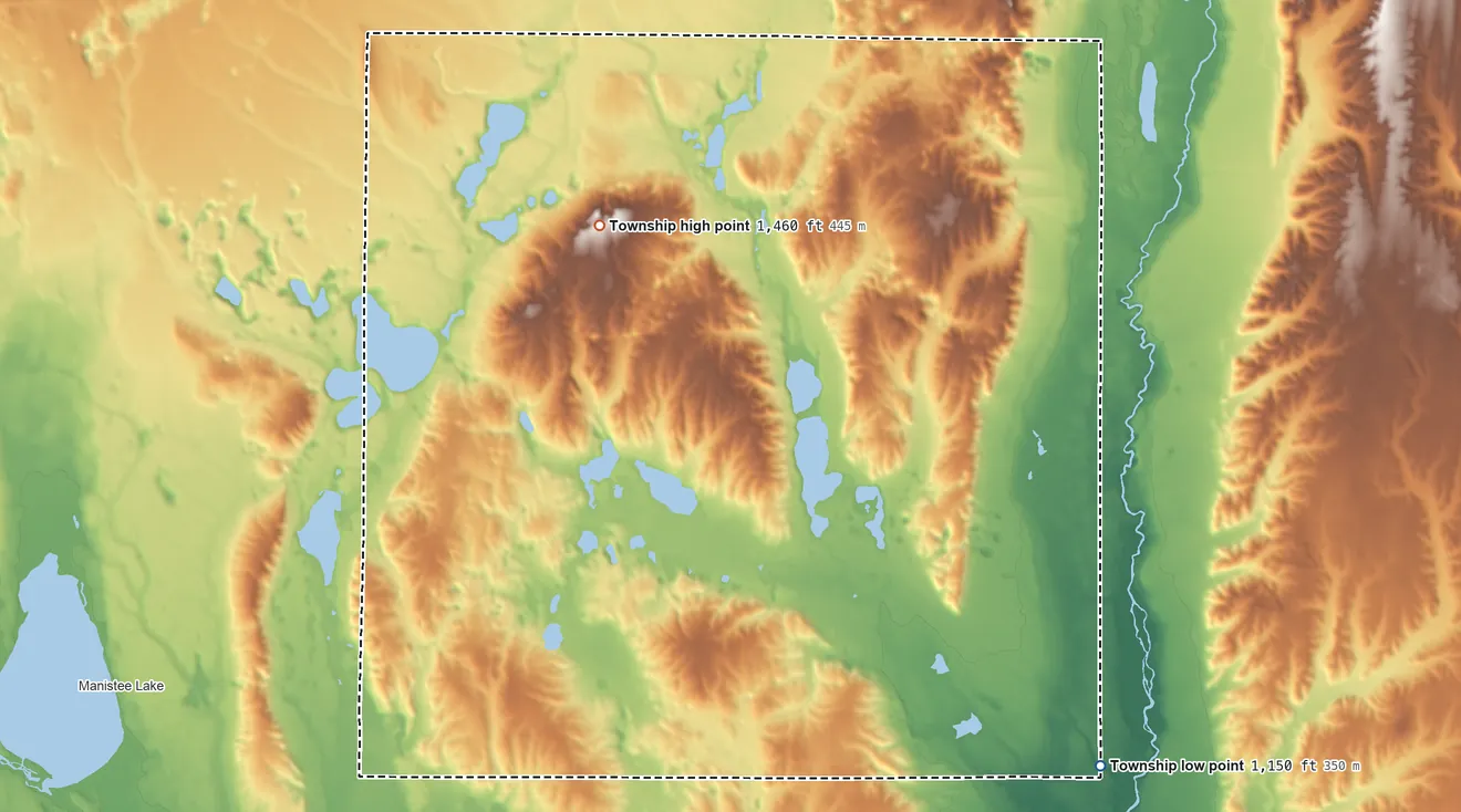 Topographic elevation map of Blue Lake Township, Kalkaska County, Michigan, shaded from 1,150 ft on the southeast side to 1,460 ft on the north side