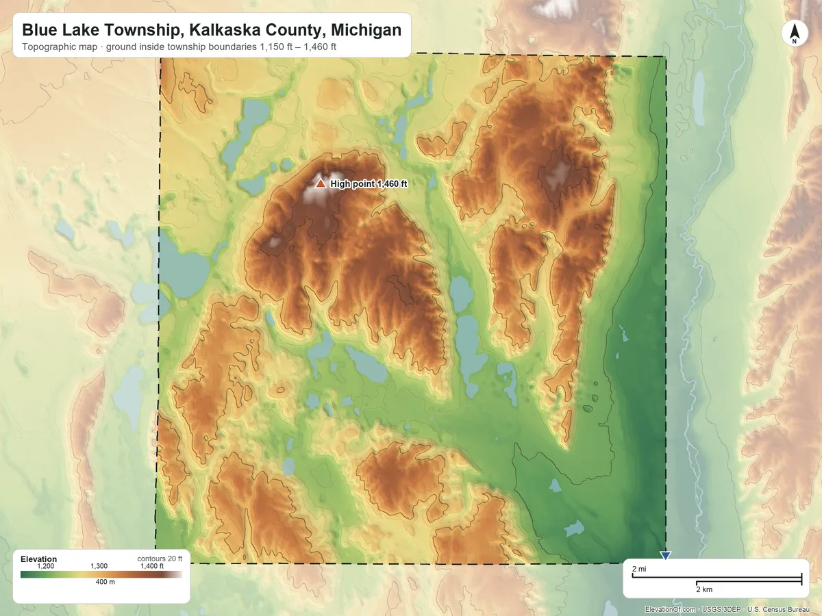 Topographic elevation map of Blue Lake Township, Kalkaska County, Michigan, shaded from 1,150 ft on the southeast side to 1,460 ft on the north side