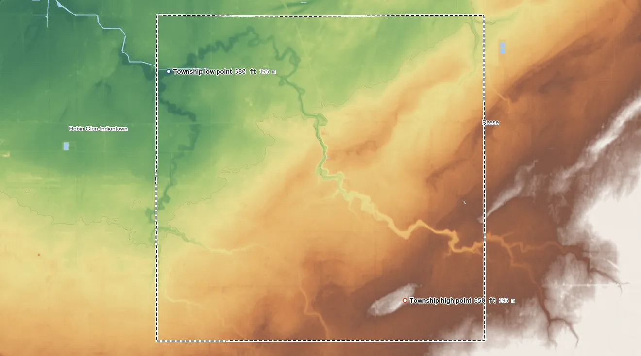 Topographic elevation map of Blumfield Township, Michigan, shaded from 580 ft on the northwest side to 650 ft on the southeast side