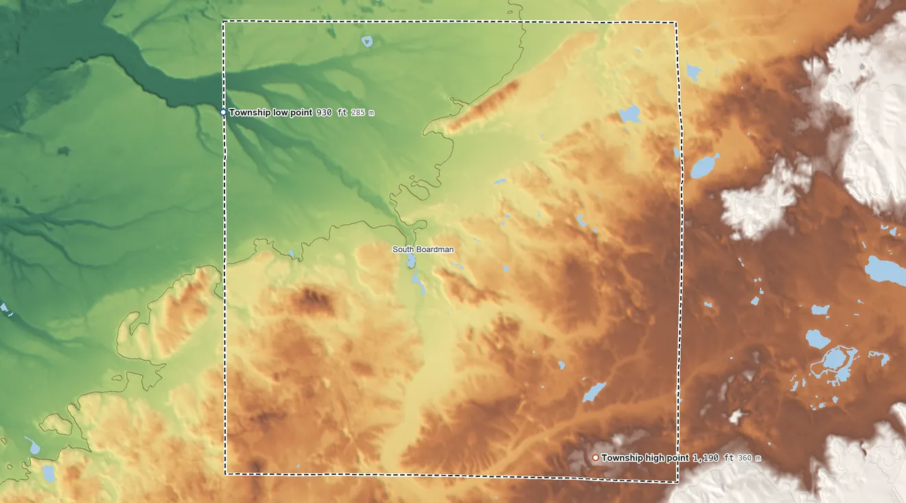Topographic elevation map of Boardman Township, Michigan, shaded from 930 ft on the northwest side to 1,190 ft on the southeast side