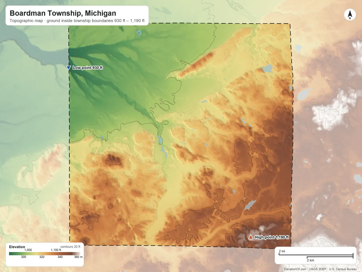 Topographic elevation map of Boardman Township, Michigan, shaded from 930 ft on the northwest side to 1,190 ft on the southeast side