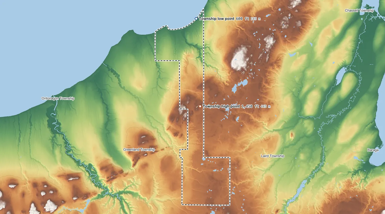 Topographic elevation map of Bohemia Township, Michigan, shaded from 600 ft on the north side to 1,450 ft on the north side