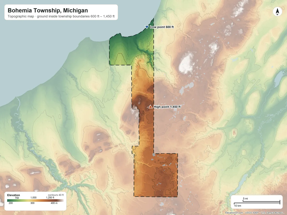 Topographic elevation map of Bohemia Township, Michigan, shaded from 600 ft on the north side to 1,450 ft on the north side