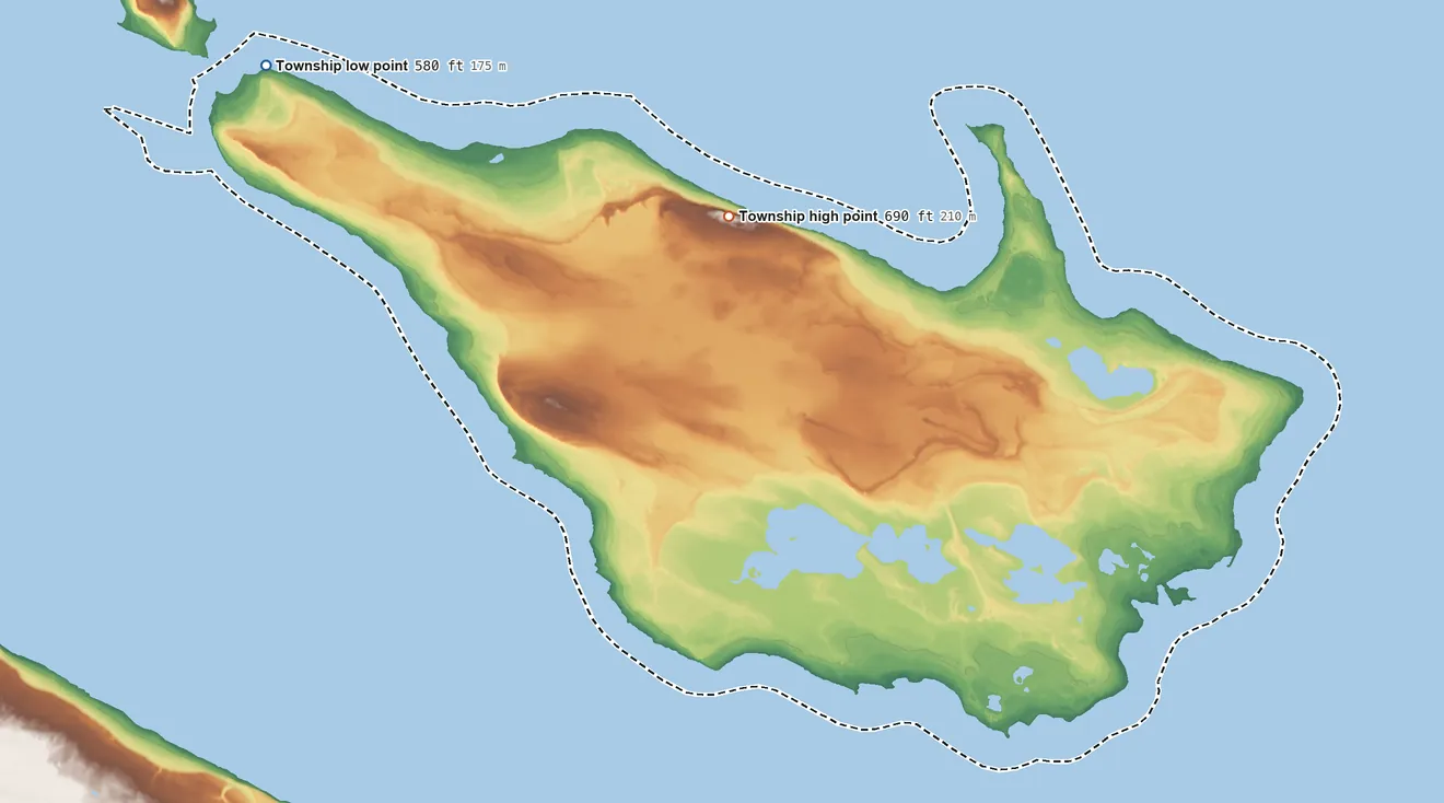 Topographic elevation map of Bois Blanc Township, Michigan, shaded from 580 ft on the northwest side to 690 ft on the north side