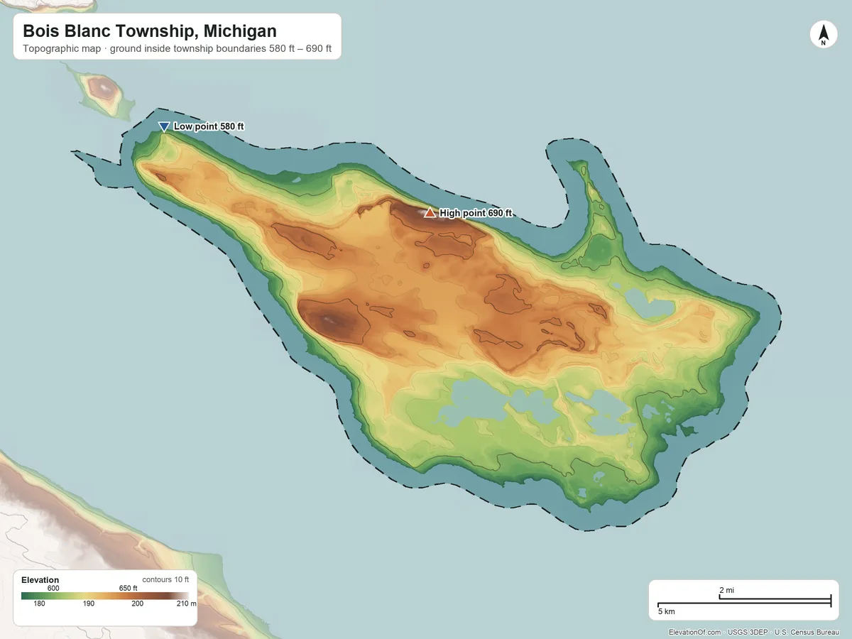 Topographic elevation map of Bois Blanc Township, Michigan, shaded from 580 ft on the northwest side to 690 ft on the north side
