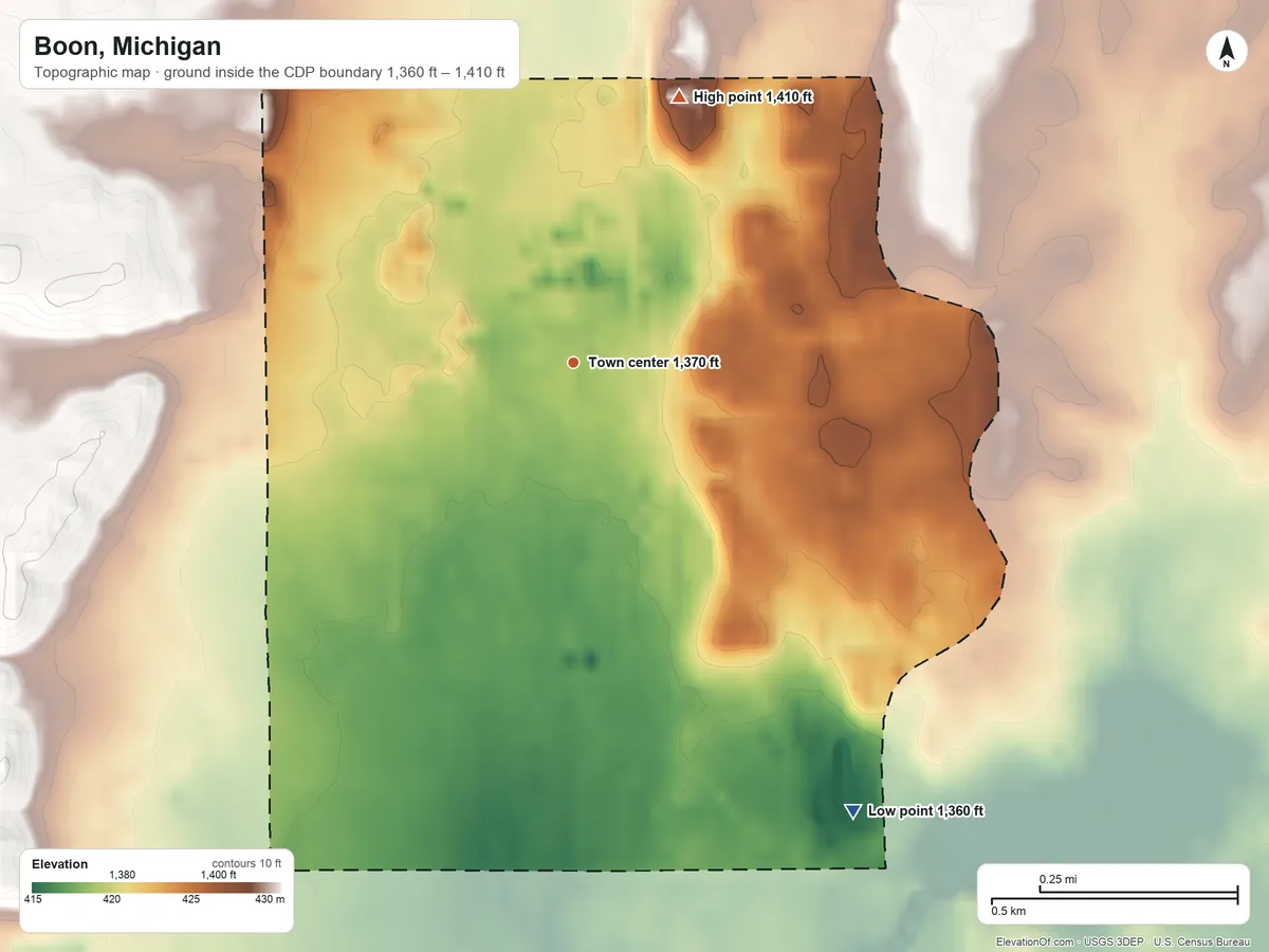 Topographic elevation map of Boon, Michigan, shaded from 1,360 ft on the southeast side to 1,410 ft on the north side