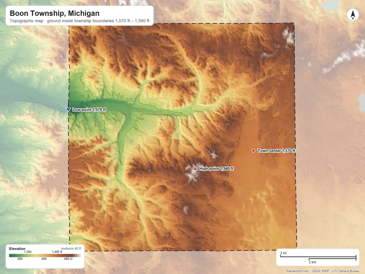 Topographic elevation map of Boon Township, Michigan, shaded from 1,070 ft on the west side to 1,560 ft on the west side