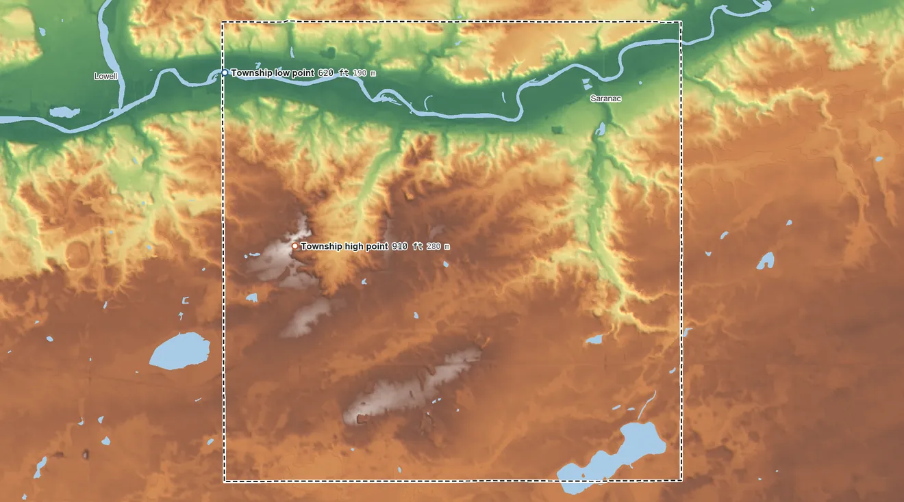 Topographic elevation map of Boston Township, Michigan, shaded from 620 ft on the northwest side to 910 ft on the west side
