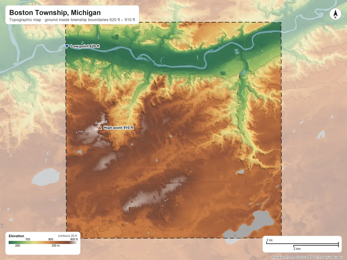 Topographic elevation map of Boston Township, Michigan, shaded from 620 ft on the northwest side to 910 ft on the west side