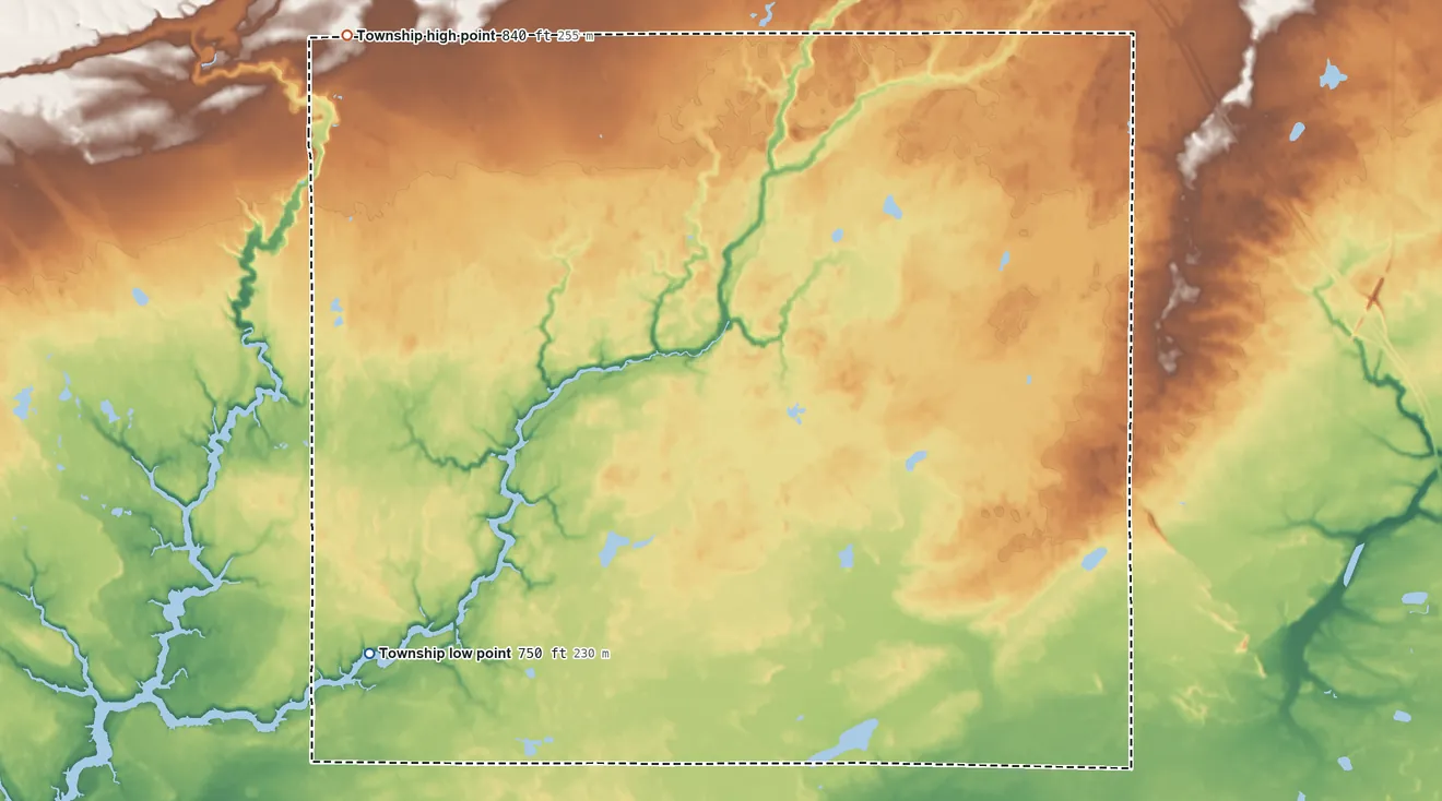 Topographic elevation map of Bourret Township, Michigan, shaded from 750 ft on the southwest side to 840 ft on the north side