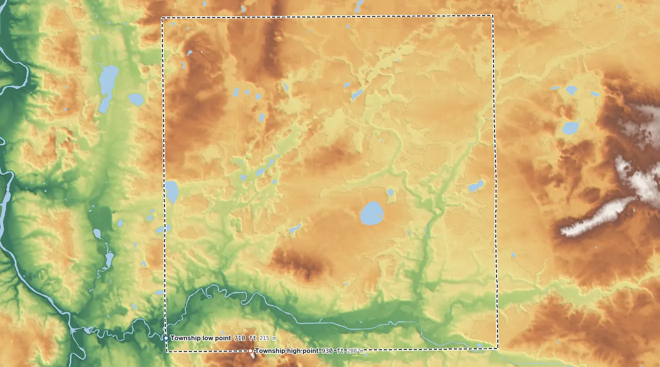 Topographic elevation map of Bowne Township, Michigan, shaded from 710 ft on the southwest side to 930 ft on the south side