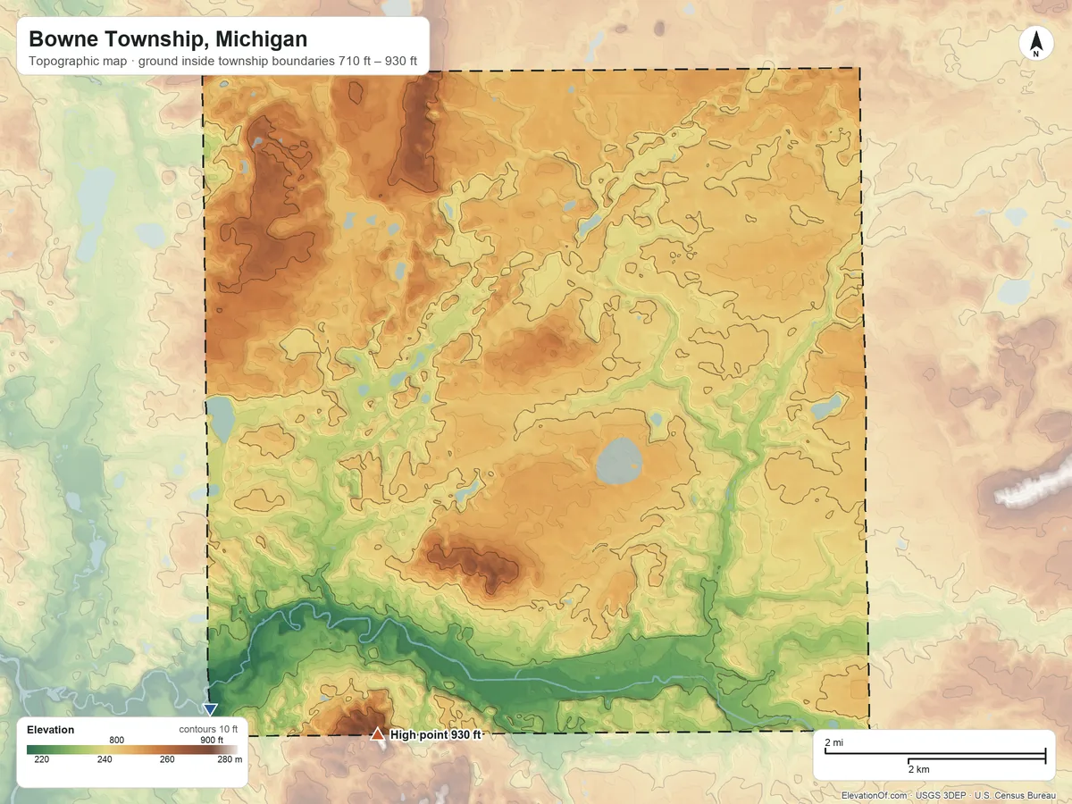 Topographic elevation map of Bowne Township, Michigan, shaded from 710 ft on the southwest side to 930 ft on the south side