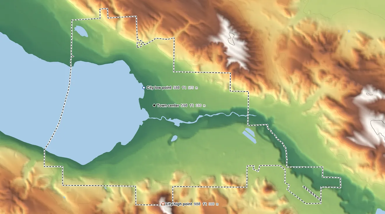 Topographic elevation map of Boyne City, Michigan, shaded from 580 ft near the middle to 980 ft on the south side