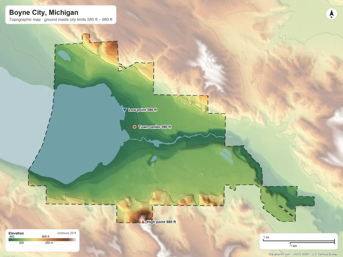 Topographic elevation map of Boyne City, Michigan, shaded from 580 ft near the middle to 980 ft on the south side