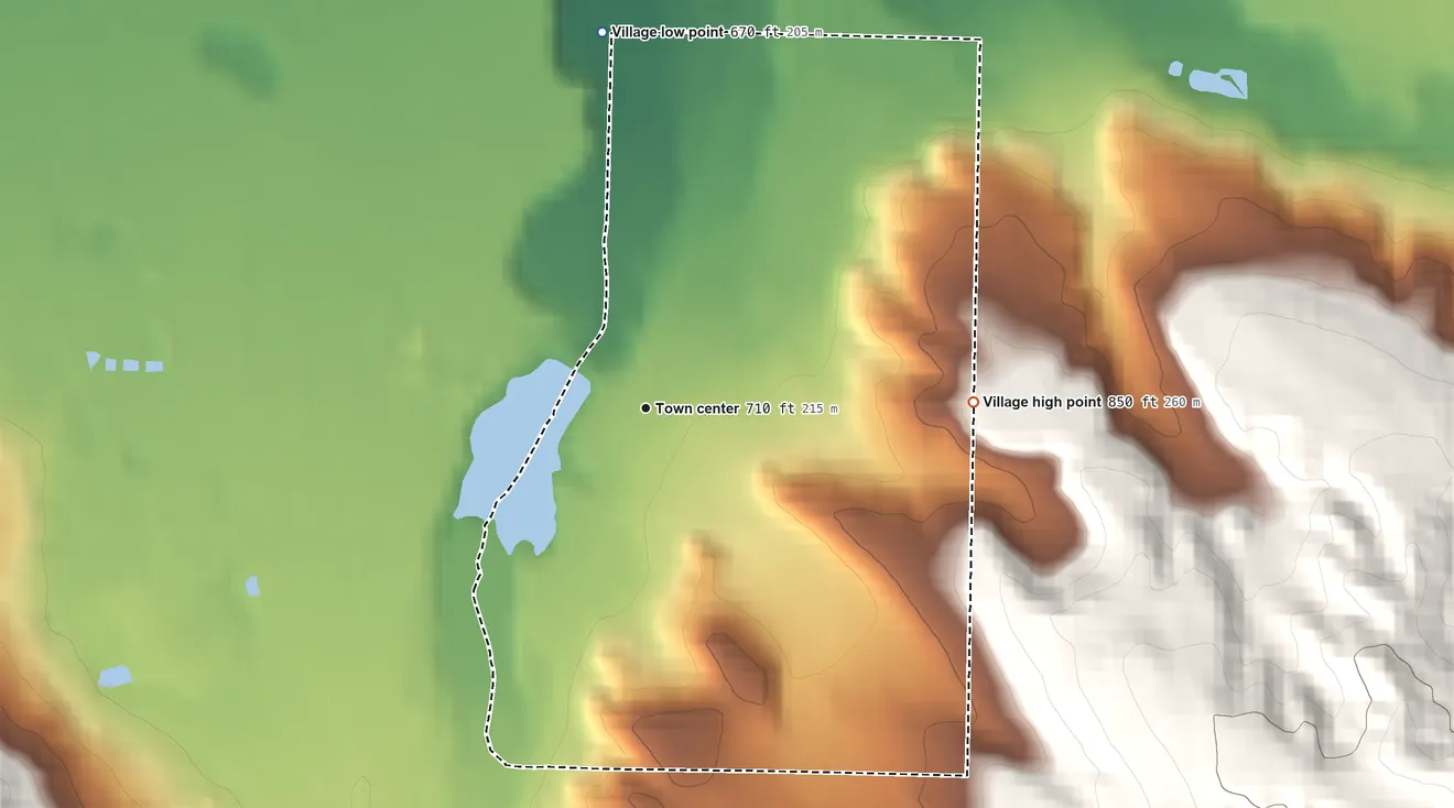 Topographic elevation map of Boyne Falls, Michigan, shaded from 670 ft on the north side to 850 ft on the east side