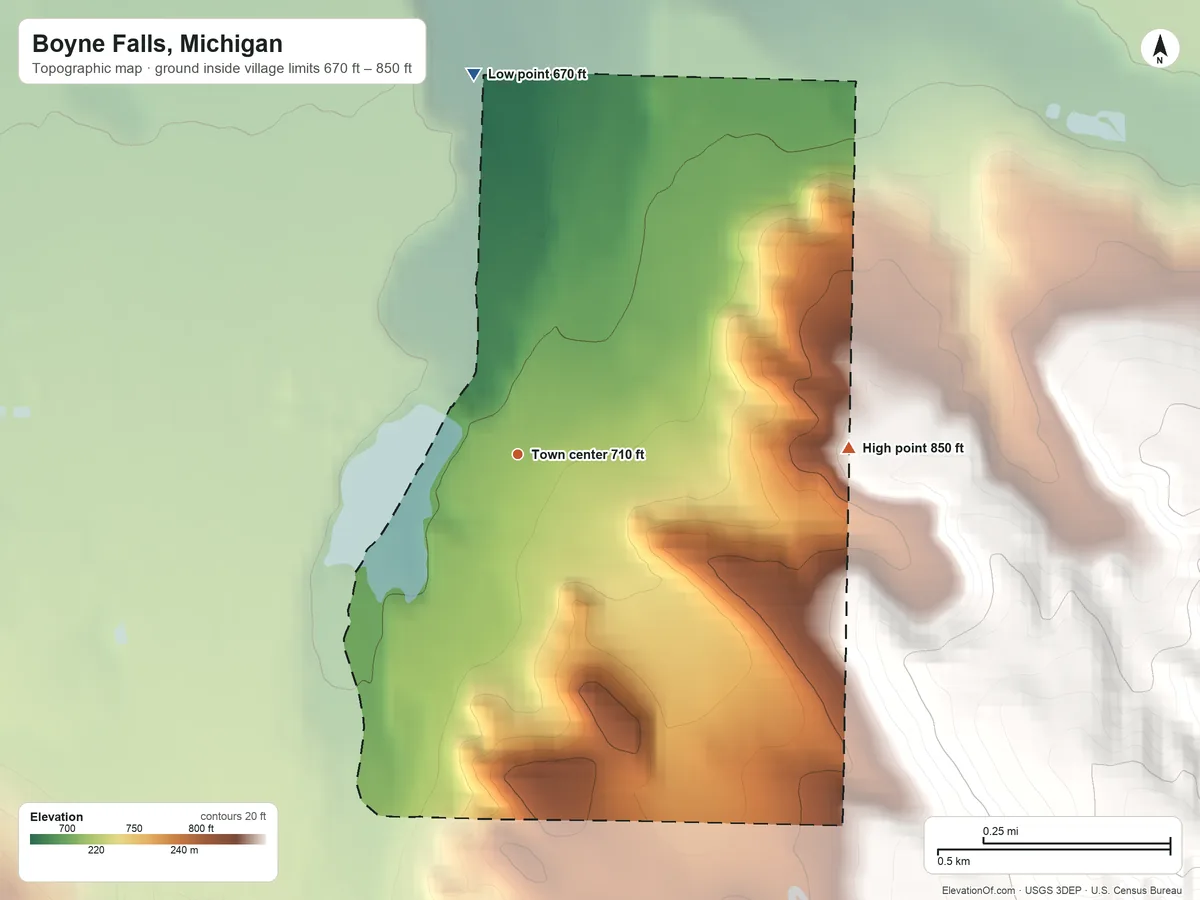 Topographic elevation map of Boyne Falls, Michigan, shaded from 670 ft on the north side to 850 ft on the east side