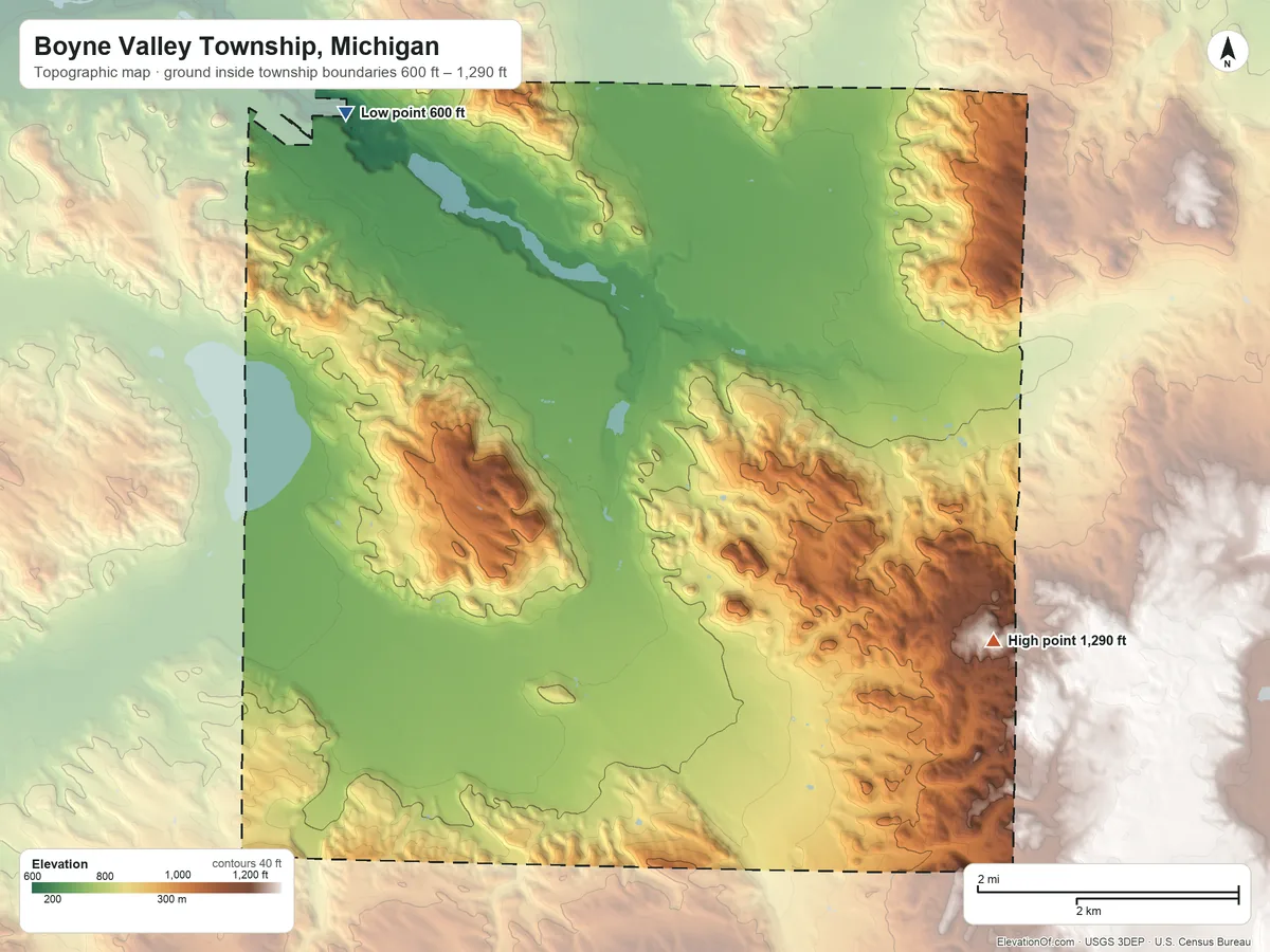 Topographic elevation map of Boyne Valley Township, Michigan, shaded from 600 ft on the northwest side to 1,290 ft on the southeast side