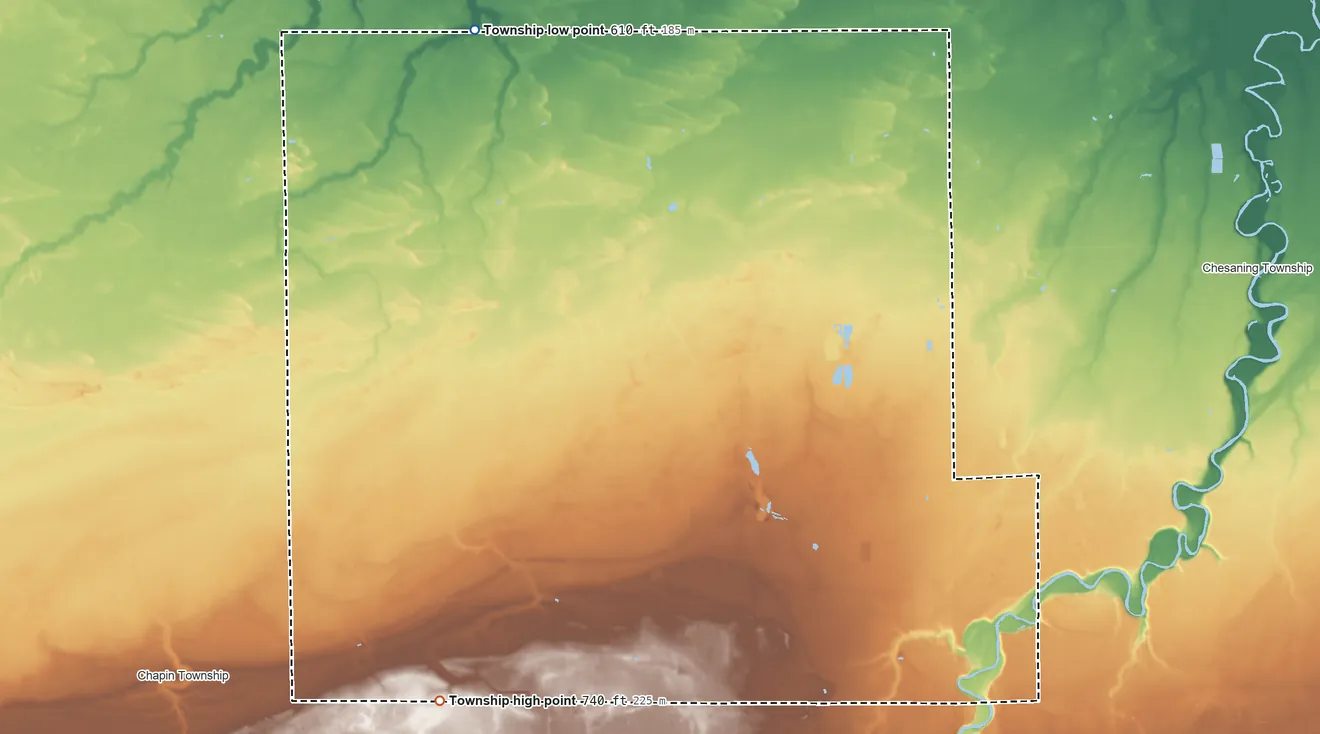 Topographic elevation map of Brady Township, Saginaw County, Michigan, shaded from 610 ft on the northwest side to 740 ft on the southwest side