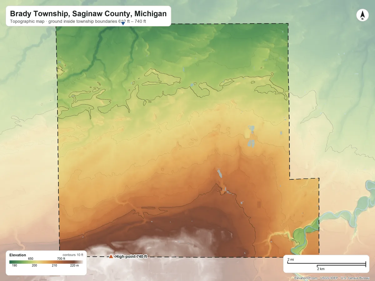 Topographic elevation map of Brady Township, Saginaw County, Michigan, shaded from 610 ft on the northwest side to 740 ft on the southwest side