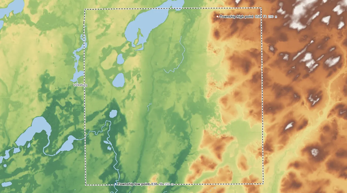Topographic elevation map of Brady Township, Michigan, shaded from 830 ft on the south side to 950 ft on the northeast side