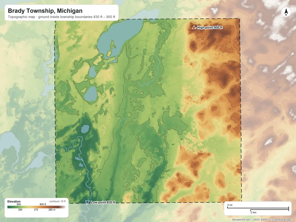 Topographic elevation map of Brady Township, Michigan, shaded from 830 ft on the south side to 950 ft on the northeast side
