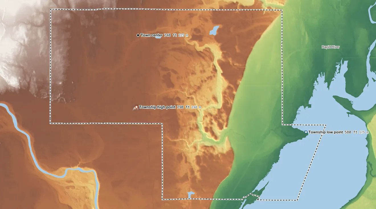 Topographic elevation map of Brampton Township, Michigan, shaded from 580 ft on the southeast side to 790 ft on the south side