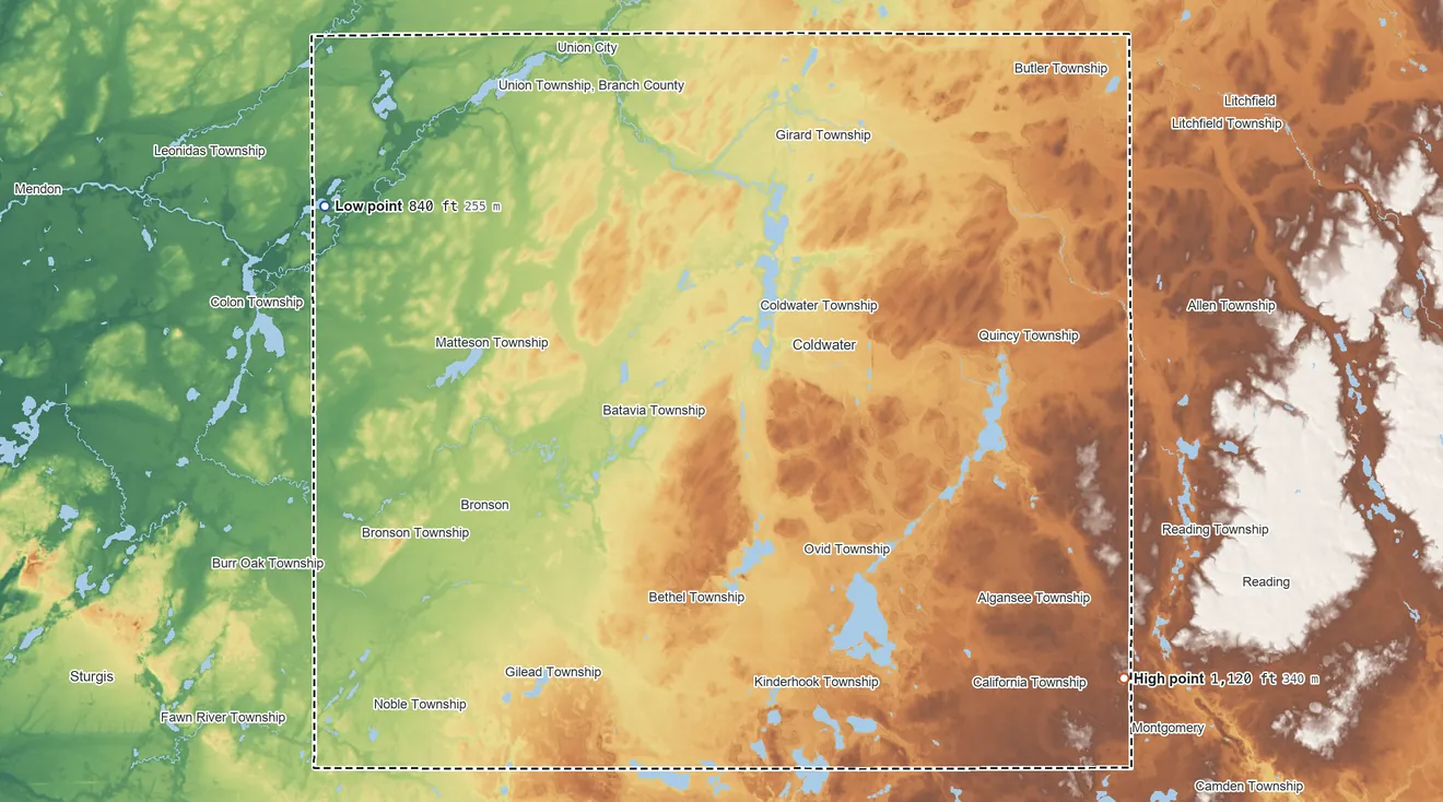 Topographic elevation map of Branch County, Michigan, shaded from 840 ft on the northwest side to 1,120 ft on the southeast side
