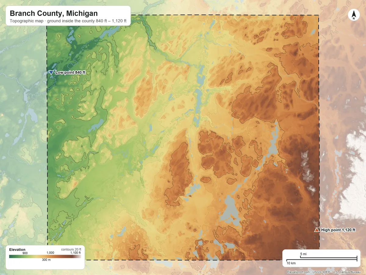 Topographic elevation map of Branch County, Michigan, shaded from 840 ft on the northwest side to 1,120 ft on the southeast side