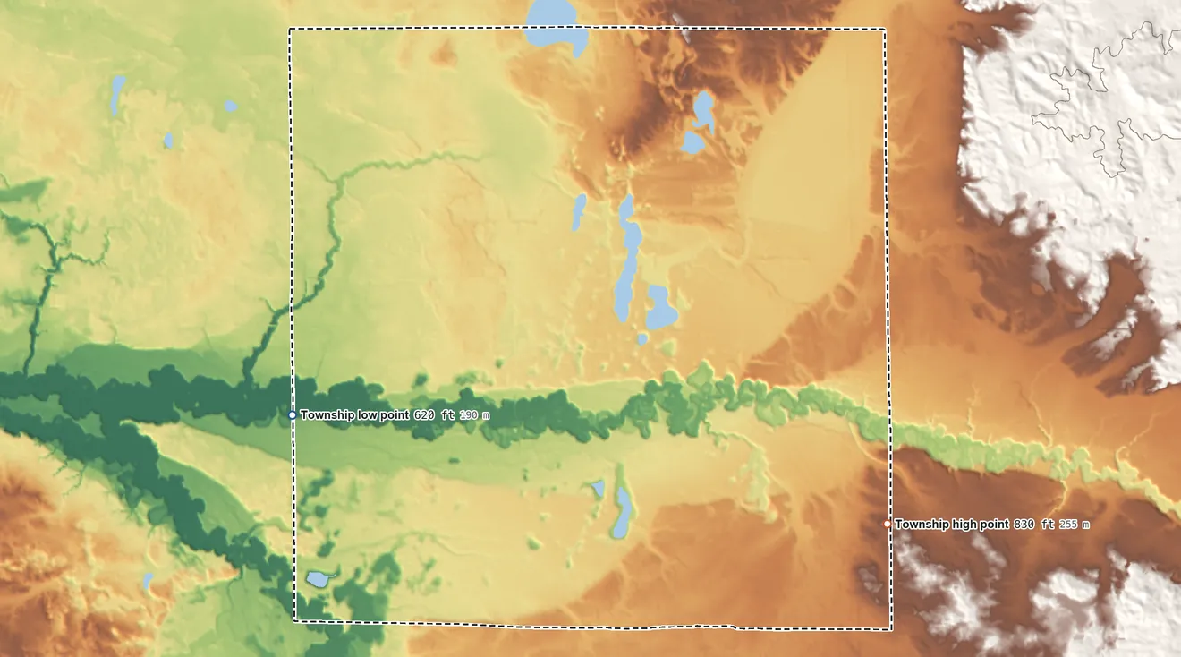 Topographic elevation map of Branch Township, Michigan, shaded from 620 ft on the southwest side to 830 ft on the southeast side