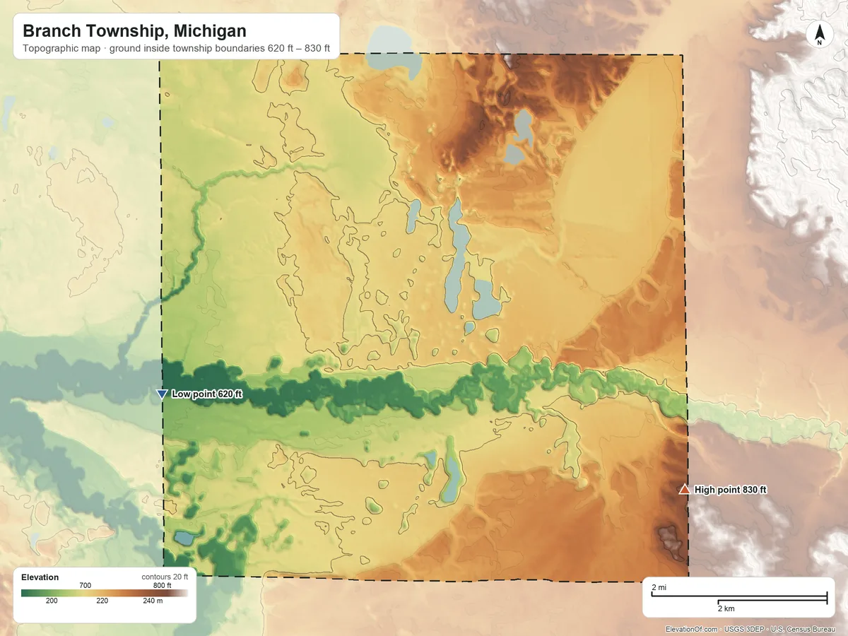 Topographic elevation map of Branch Township, Michigan, shaded from 620 ft on the southwest side to 830 ft on the southeast side