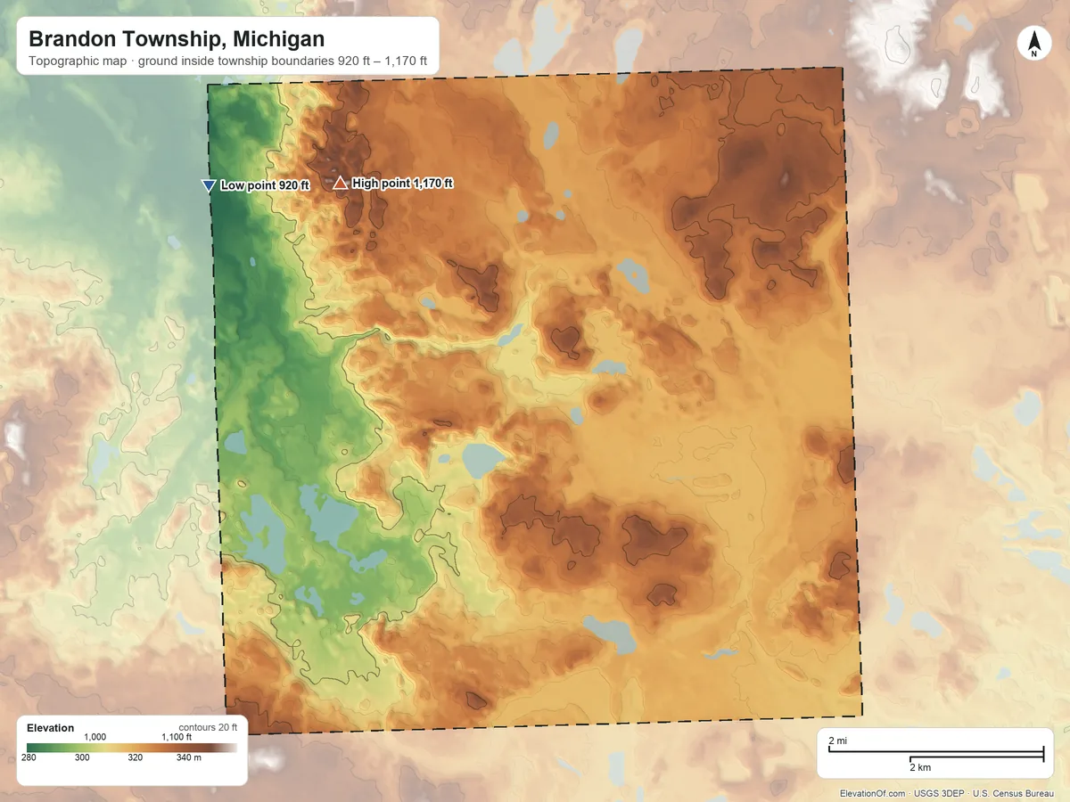 Topographic elevation map of Brandon Township, Michigan, shaded from 920 ft on the northwest side to 1,170 ft on the northwest side