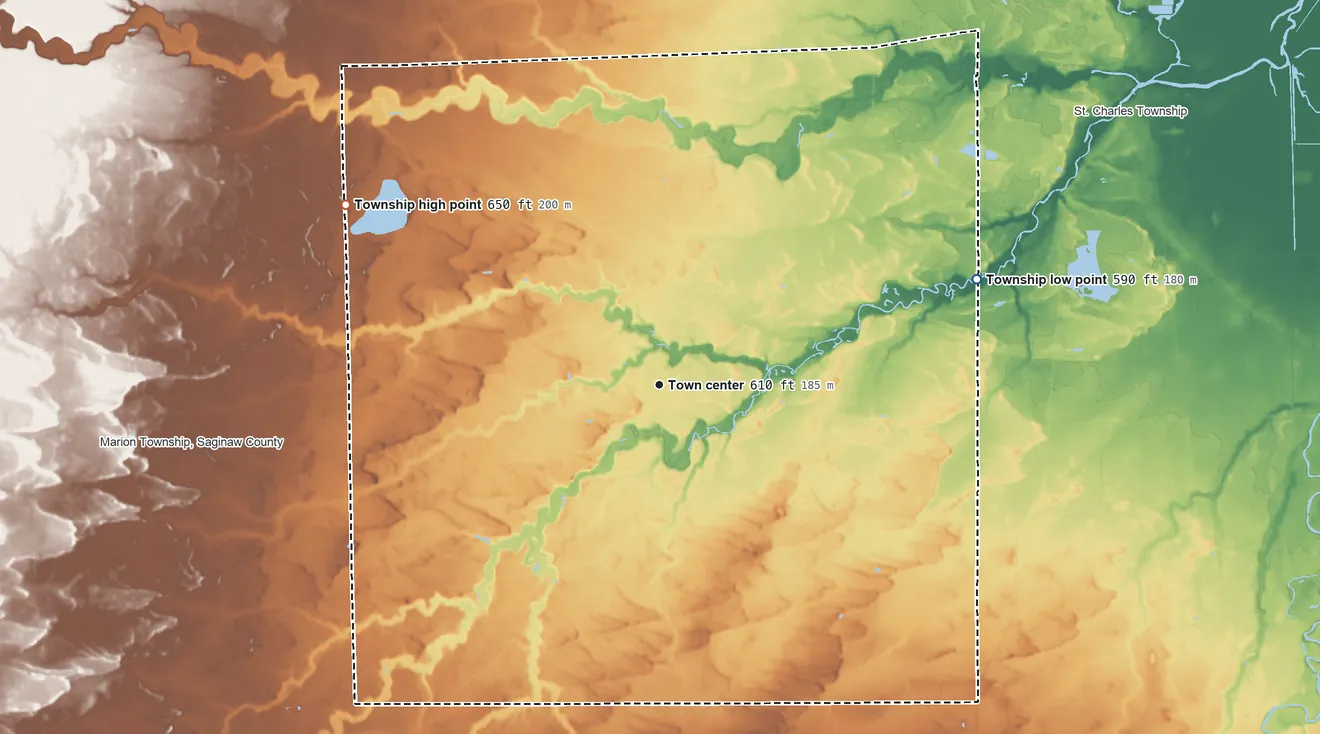 Topographic elevation map of Brant Township, Michigan, shaded from 590 ft on the east side to 650 ft on the northwest side