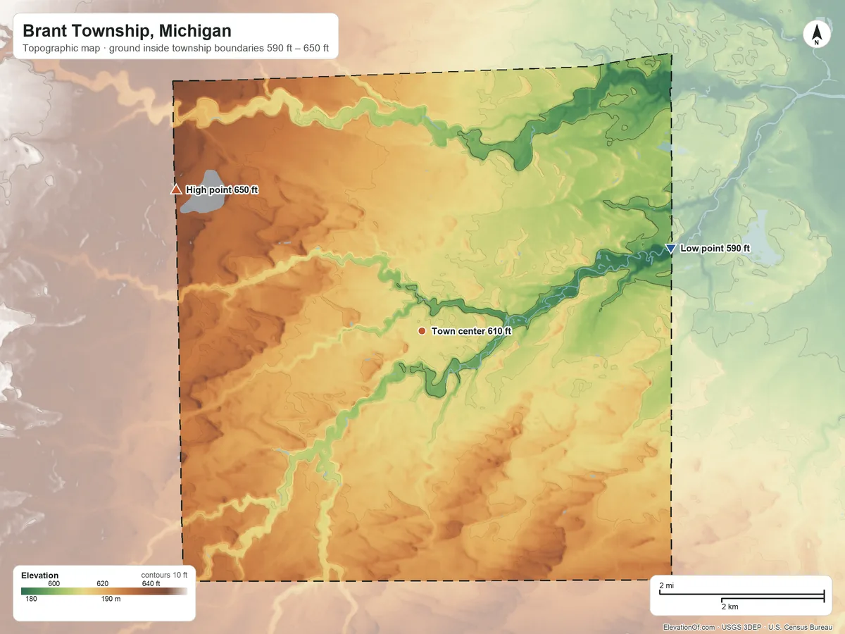 Topographic elevation map of Brant Township, Michigan, shaded from 590 ft on the east side to 650 ft on the northwest side